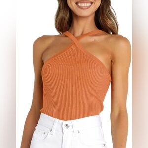 Women Sexy Criss Cross Ribbed Knit Halter Crop Cami Sleeveless (070)